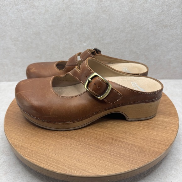Dansko Mary Jane Clogs 36 Brown Leather Buckle Strap Comfort Boho Mules Comfort - Picture 3 of 9